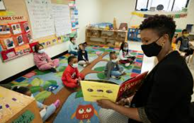 This is a picture of a New York preschool classroom. The teacher is reading a book to the students which is important for a childrens educational development skills. ( NYC preschool enrollment website)