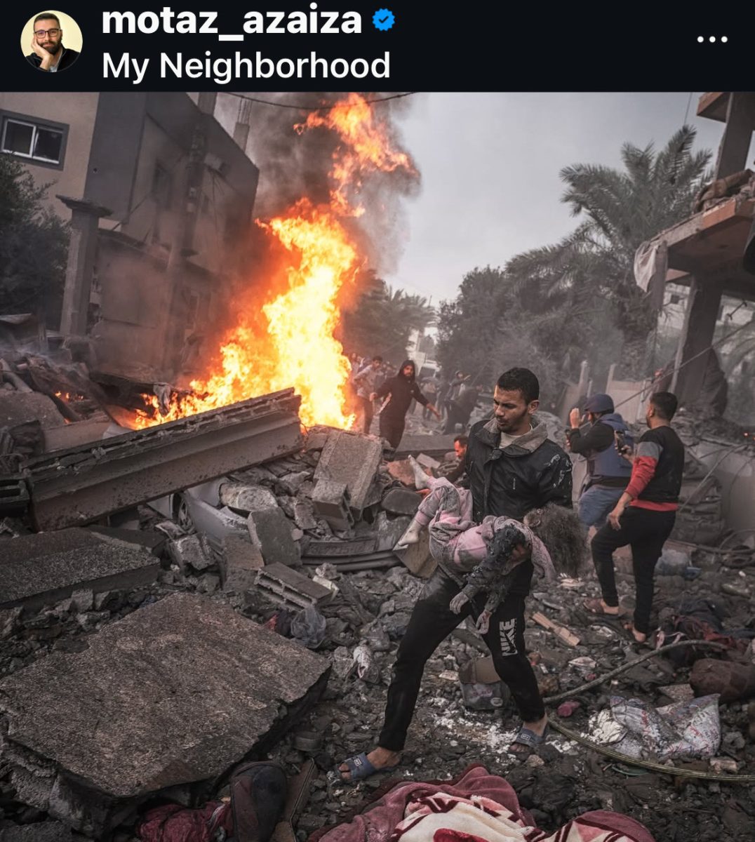 Motaz's neighbor Suhaib 18 years old, carrying a little girl who got killed in Israeli bombing